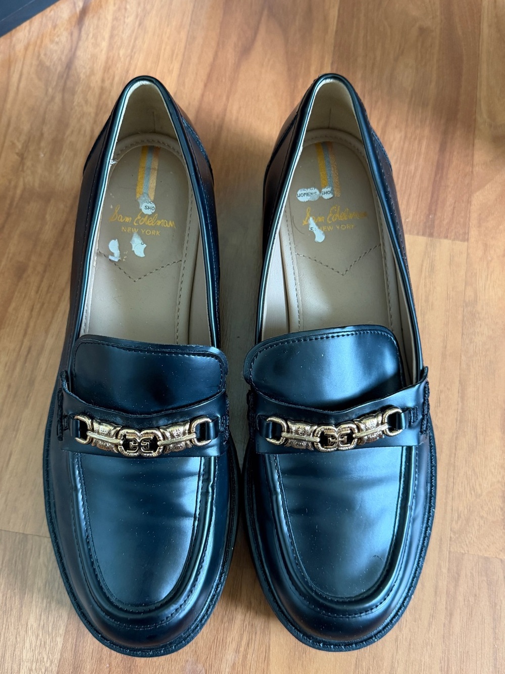 Sam Edelman Black Leather Loafers with Gold Chain Accent